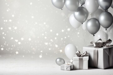  a bunch of silver and white balloons and a gift box with a silver ribbon and a silver bow on a white background with stars and snow flecks in the air.