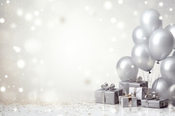  a bunch of balloons and gift boxes on a table with snow falling on the ground and snowflakes on the wall behind them and a white background with a lot of snowflakes.