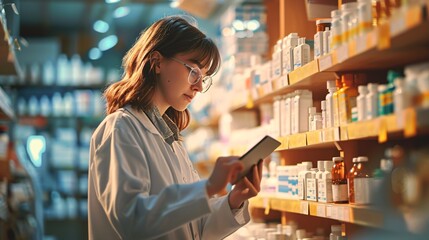 Woman using a tablet in a drugstore while a female pharmacist takes inventory. A cheerful healthcare worker in a pharmacy. - obrazy, fototapety, plakaty
