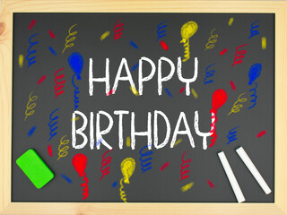 Blackboard with the words Happy birthday written in white with two chalks and a green eraser