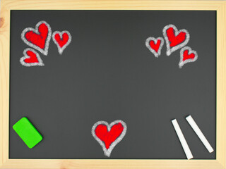 A blackboard with red hearts, two chalks, and a green eraser