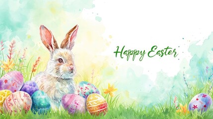 Green lettering: Happy Easter with bunnies and eggs.