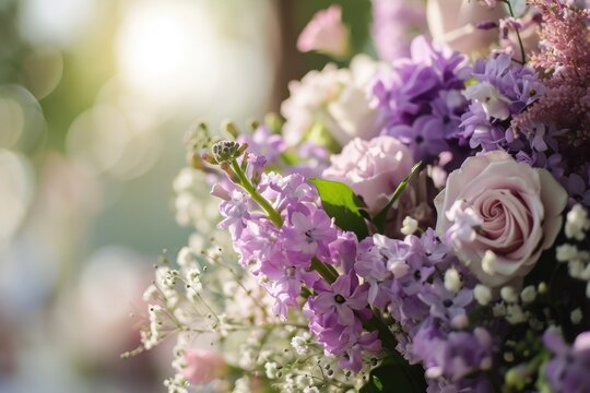  a close up of a bouquet of purple and white flowers with greenery in the foreground and a blurry background to the left of the image in the foreground.