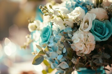  a close up of a bouquet of flowers in a vase with blue and white flowers on the side of the vase and greenery on the other side of the vase.