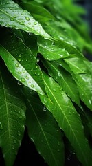  a close up of a green leaf with drops of water on it and green leaves with green leaves in the background and water droplets on the leaves in the foreground.