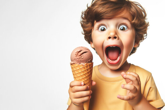 funny Happy little boy is eating ice cream surprised with Huge Eyes, wide angle shot. ai generative