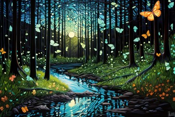  a painting of a stream running through a forest with lots of butterflies flying over the top of the trees and a stream running through the grass to the bottom of the trees.