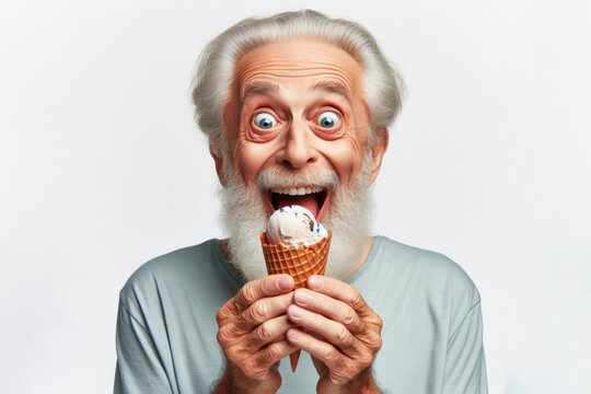 funny Happy old man hold and eating ice cream surprised with Huge Eyes, wide angle shot. ai generative