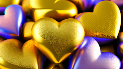 Gold and violet hearts with glitter and reflections.