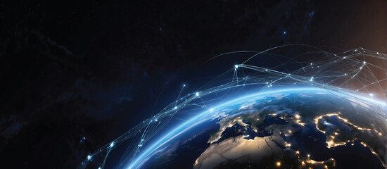 Global network connection covering the earth in outer space