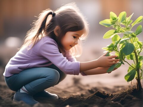 A little girl planting a tree celebrating World Earth Day on April 22 : back lighting condition