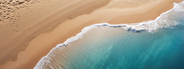 Aerial view of beautiful sandy beach with waves sea water and white sand
