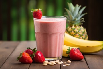  a smoothie with strawberries on a table next to a banana and a glass of smoothie with strawberries on a table next to a banana and a pineapple.