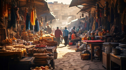 A bustling marketplace in a Middle Eastern city with vibrant stalls spices and textiles. - obrazy, fototapety, plakaty