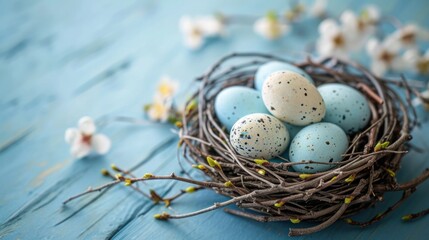 Pastel colored Easter eggs in a wicker nest.