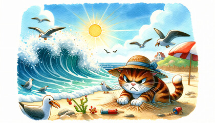A wickedly funny ginger kitten hunts birds on the beach. High sea wave in the background. Watercolor illustration with cute kitten. Element for print or stickers