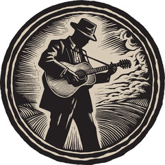 Woodcut Style vector art of a Blues Musician