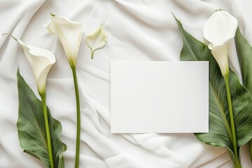Empty white card mockup flat lay with callas, Valentines day color