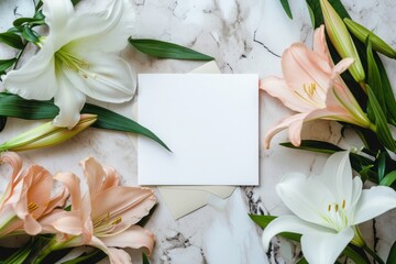 Empty white card mockup flat lay with lilies, Valentines day color