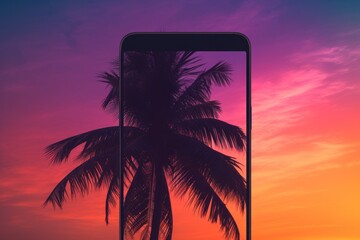  a palm tree is silhouetted against a purple, pink, and blue sunset with a cell phone in the foreground with a palm tree in the foreground.