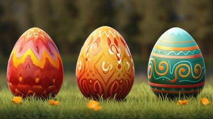 Three artistically painted Easter eggs in bright colors stand on green grass with a blurred background