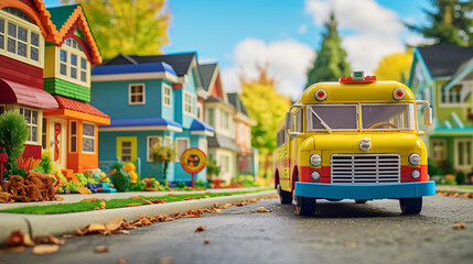 A cartoon-themed school bus and a colorful family minivan in a lively suburban neighborhood perfect for childrens imagination. - obrazy, fototapety, plakaty