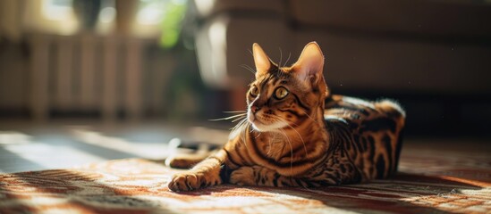 Bengal cat on floor in vacant room. - obrazy, fototapety, plakaty
