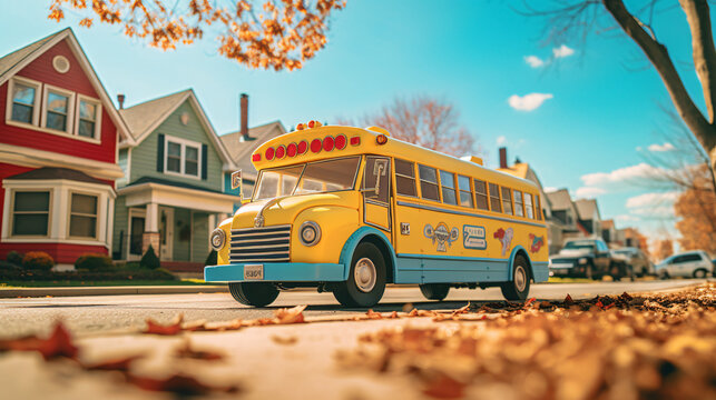 A cartoon-themed school bus and a colorful family minivan in a lively suburban neighborhood perfect for childrens imagination.