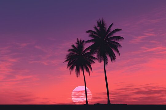  two palm trees are silhouetted against a pink and purple sky with the sun setting in the middle of the picture and a half moon in the middle of the sky.
