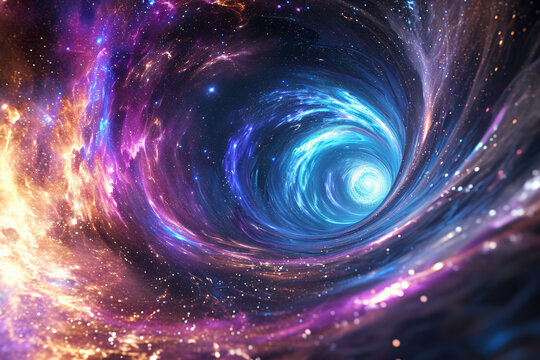 Traveling down the wormhole through space, stars and galaxies. A futuristic concept of science and exploration. Interstellar flights, space-time concept. Traveling at the speed of light