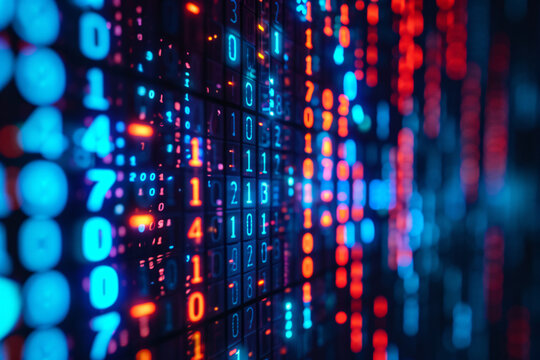  Binary code. Abstract technology background of blue and red digits in motion. Data, information, digital, and technology concept. 3D rendering illustration. Blue and red lights - Powered by Adobe