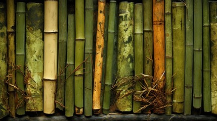  a close up of a bamboo wall with many different colors of bamboo sticks and sticks sticking out of the side of the wall, with a plant growing on top of the side of the wall.