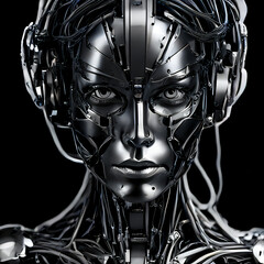 Humanoid female robot made of steel parts and cables on black background