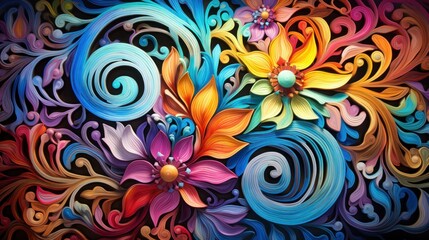 Fototapeta na wymiar a painting of colorful flowers with swirls and swirls on the bottom of the painting, and a black background with white, red, yellow, orange, blue, green, and pink, and orange colors.