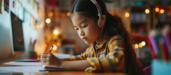 Young Asian homeschooler attends virtual online classes with a remote teacher due to COVID via internet. Teacher uses headphones and whiteboard for math lessons. - obrazy, fototapety, plakaty