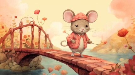  a painting of a mouse standing on a bridge over a body of water with a bridge in the background and flowers growing on the other side of the bridge,. - obrazy, fototapety, plakaty