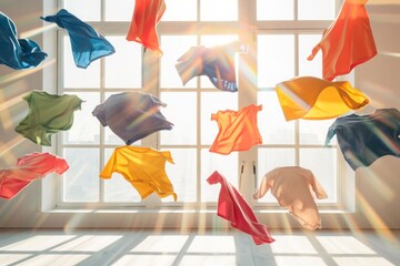 Clothes flying around the room on a bright background - obrazy, fototapety, plakaty