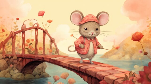  a painting of a mouse standing on a bridge over a body of water with a bridge in the background and flowers growing on the other side of the bridge,.