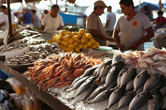 A bustling seafood market by the harbor with fresh catches and local fishermen