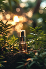 A glass bottle of perfume, skincare product stands in nature next to leaves and trees