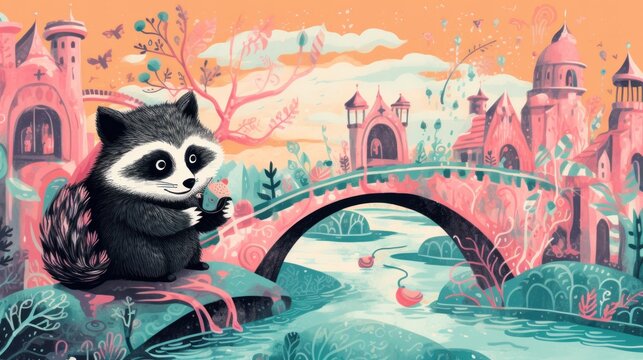  a painting of a raccoon sitting on a rock in front of a river with a bridge in the background and a castle on the other side of it.