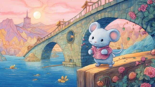  a painting of a little mouse standing on a ledge in front of a bridge over a body of water with a bridge in the background and flowers in the foreground.