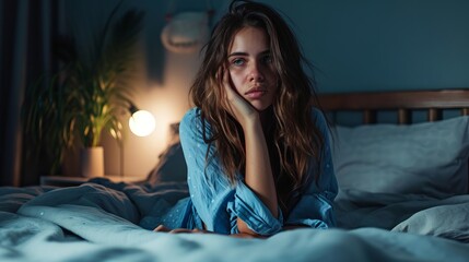 Disheveled woman in nightgown sits in bed after abrupt awakening or unpleasant dreams. Girl has problems sleeping and cannot fall asleep or is sick with sleepwalking - obrazy, fototapety, plakaty
