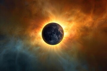 A detailed illustration of a solar eclipse with the corona visible around the darkened sun