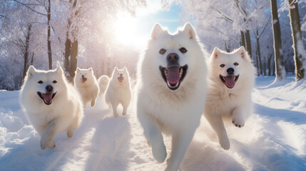 Group of cheerful dogs running through the winter snow on a frosty sunny day.  - obrazy, fototapety, plakaty