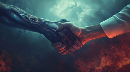 Handshake between man and devil symbolizes risky deal or dangerous business arrangement. Hand of human and demon is metaphor for bad contract or unethical way of managing company - obrazy, fototapety, plakaty