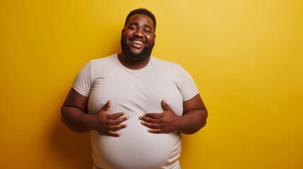 Happy fat man holding big belly feeling body positive. Smiling overweight guy with huge stomach with self-acceptance