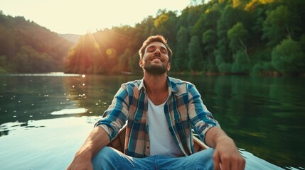 Happy man sit in boat in nature landscape thinking and imagining. Smiling guy relax in ship sailing...