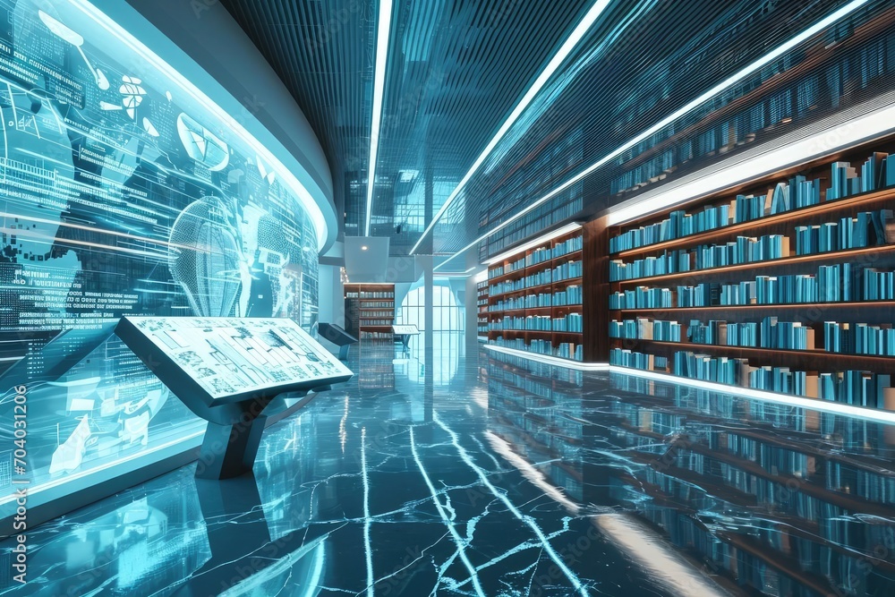 Aufkleber a futuristic public library with interactive digital displays and a wide array of books symbolizing 
