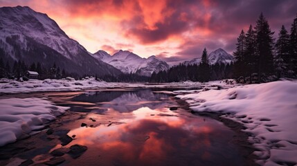  a beautiful sunset over a mountain lake with snow on the ground and a mountain range in the distance with snow on the ground and trees and snow on the ground.